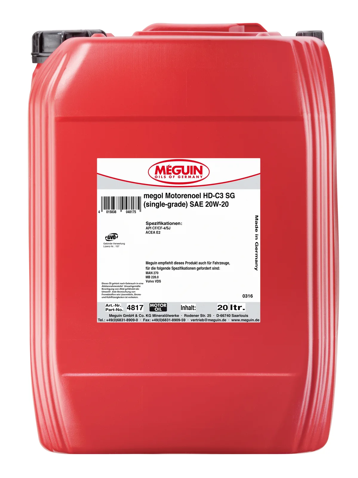 Моторна олива MEGUIN megol HD-C3 SG (single-grade) 20W-20, 20 л
